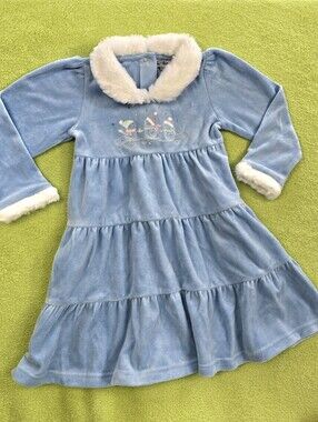 NWOT  SZ 5 GIRLS -  LE TOP - BLUE DRESS VELOUR + FAUX WHITE FUR TRIM WINTER (Q1)